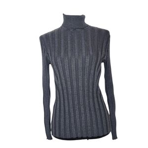 Gray Wide Stripe Ribbed Turtleneck Sweater Top
